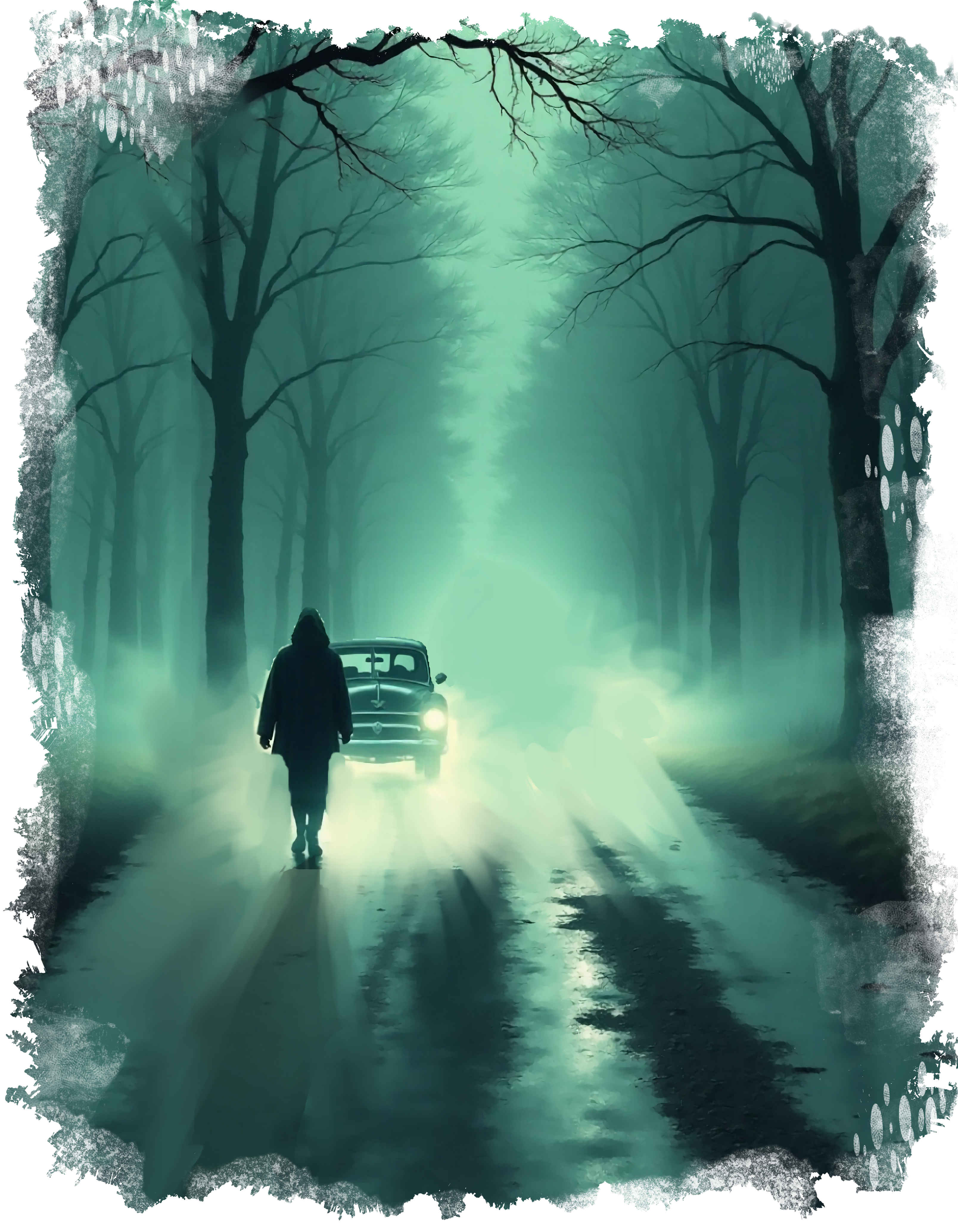 A hooded figure walking beside a headlit car on a foggy forest road, a scene from Hometown Horror Stories