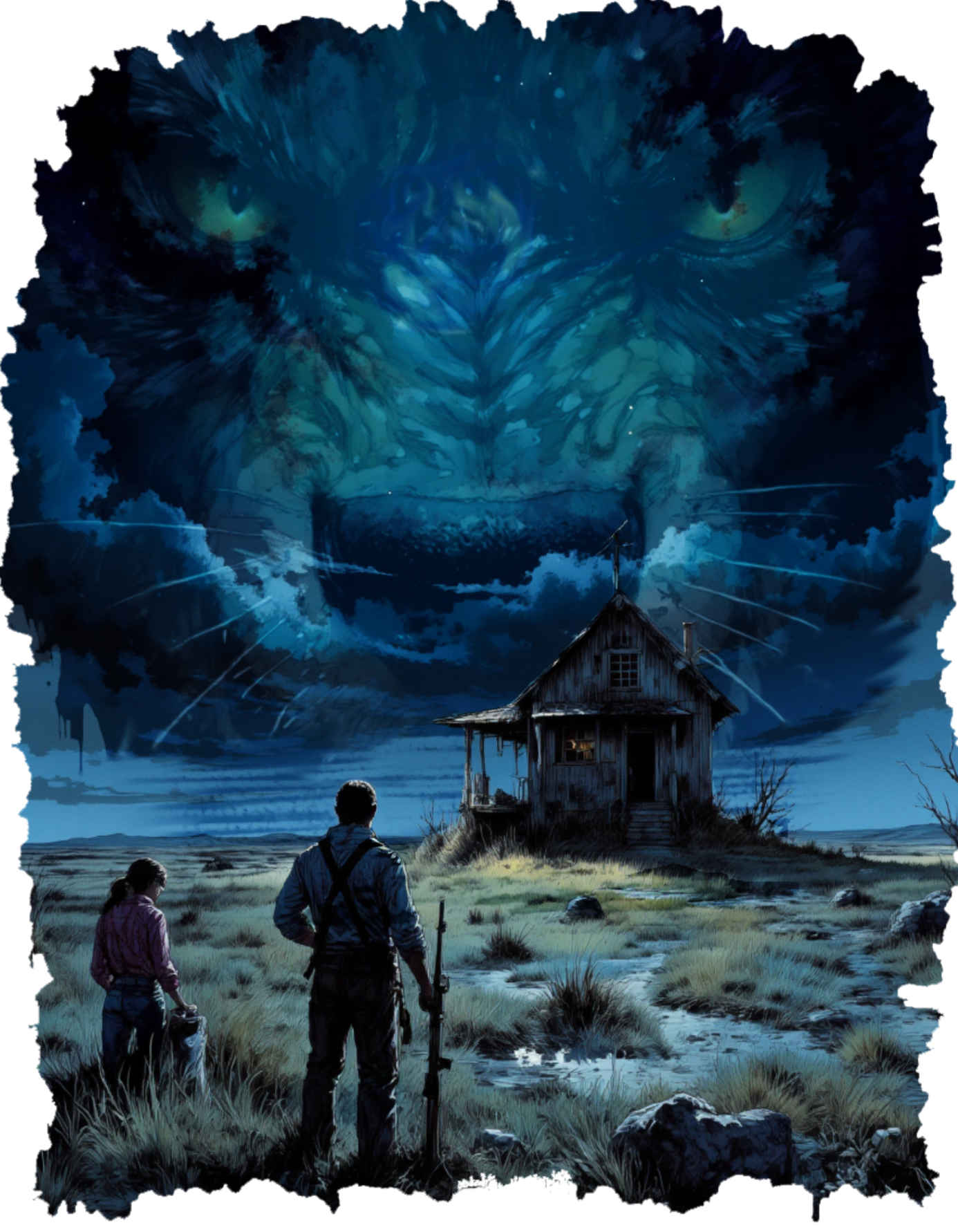 A giant glowing-eyed creature looms over a lone farmhouse as two figures approach, a scene from Hometown Horror Stories