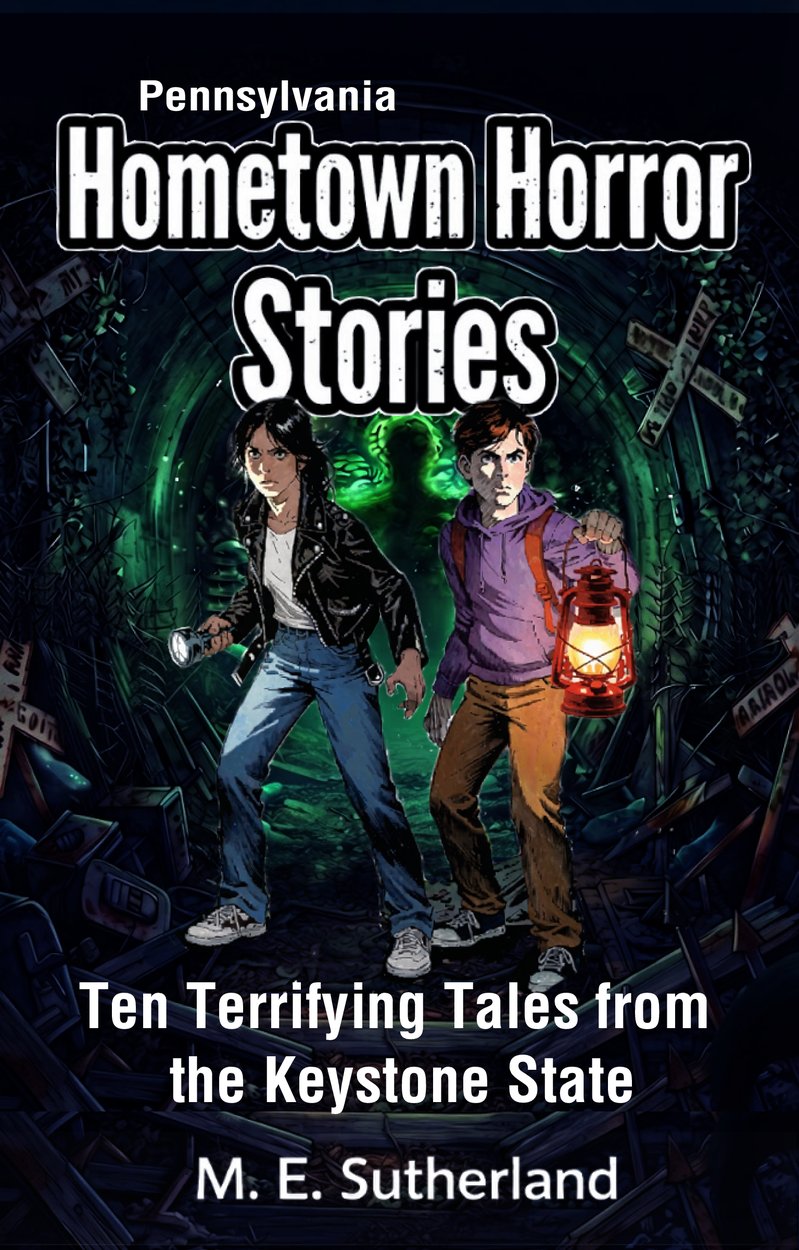 Book cover for Hometown Horror Stories: Pennsylvania, showing two kids with a flashlight and lantern in a glowing green tunnel