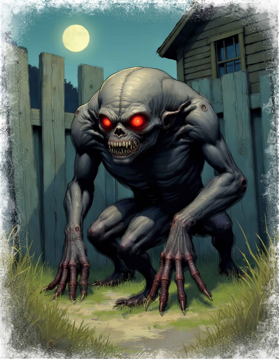 A grinning grey creature with glowing red eyes crouches in a moonlit backyard