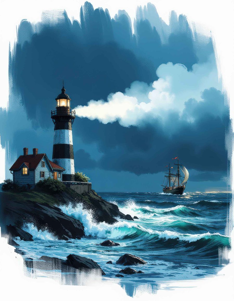 A striped lighthouse on a stormy coast as a ship sails past