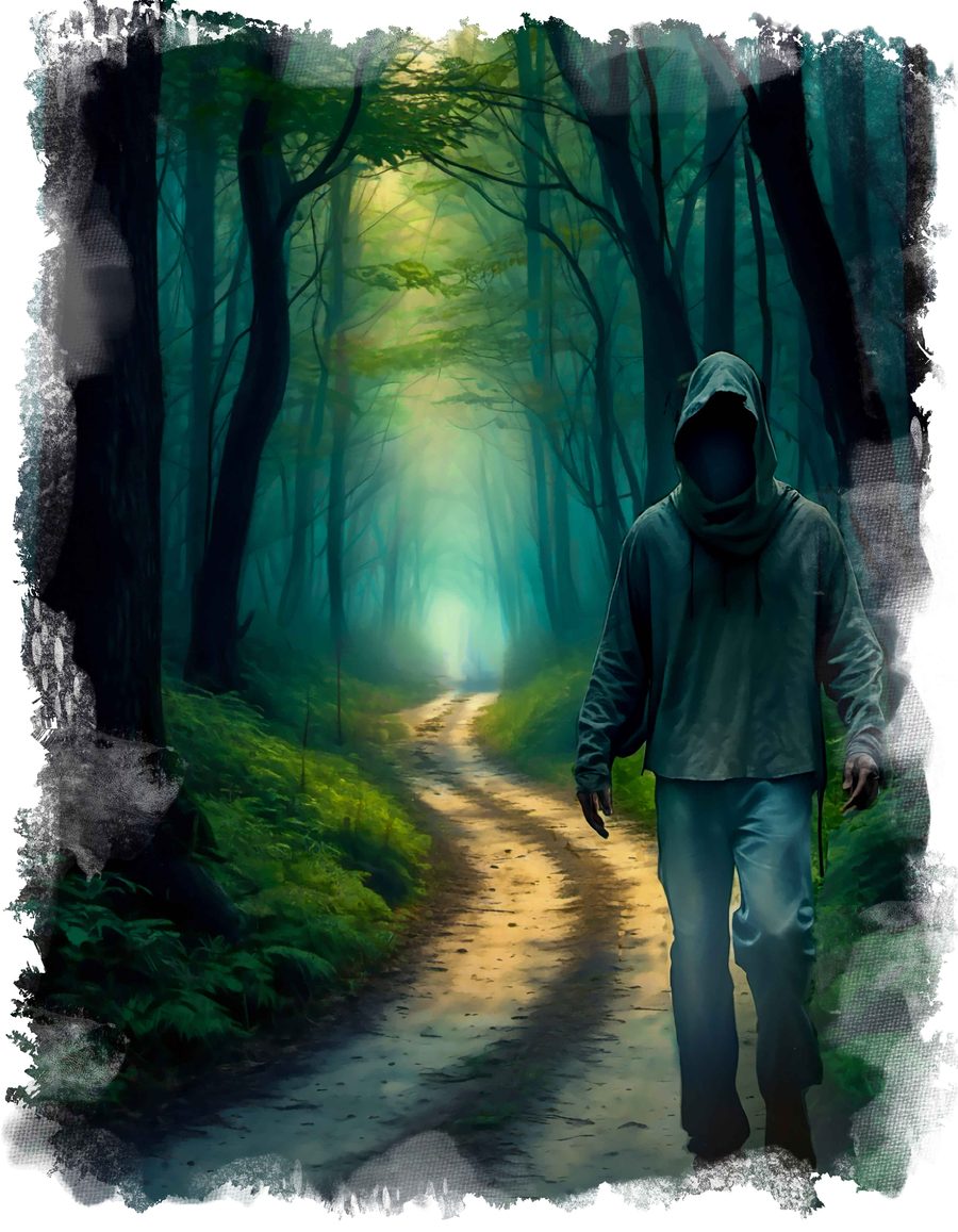 A faceless hooded figure walking down a misty forest path
