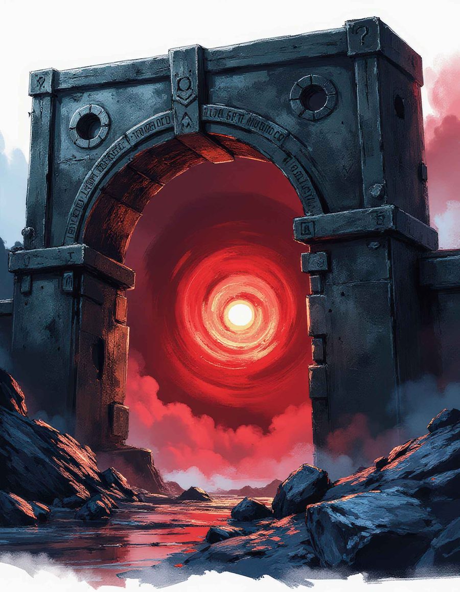 A stone archway opening onto a swirling red vortex