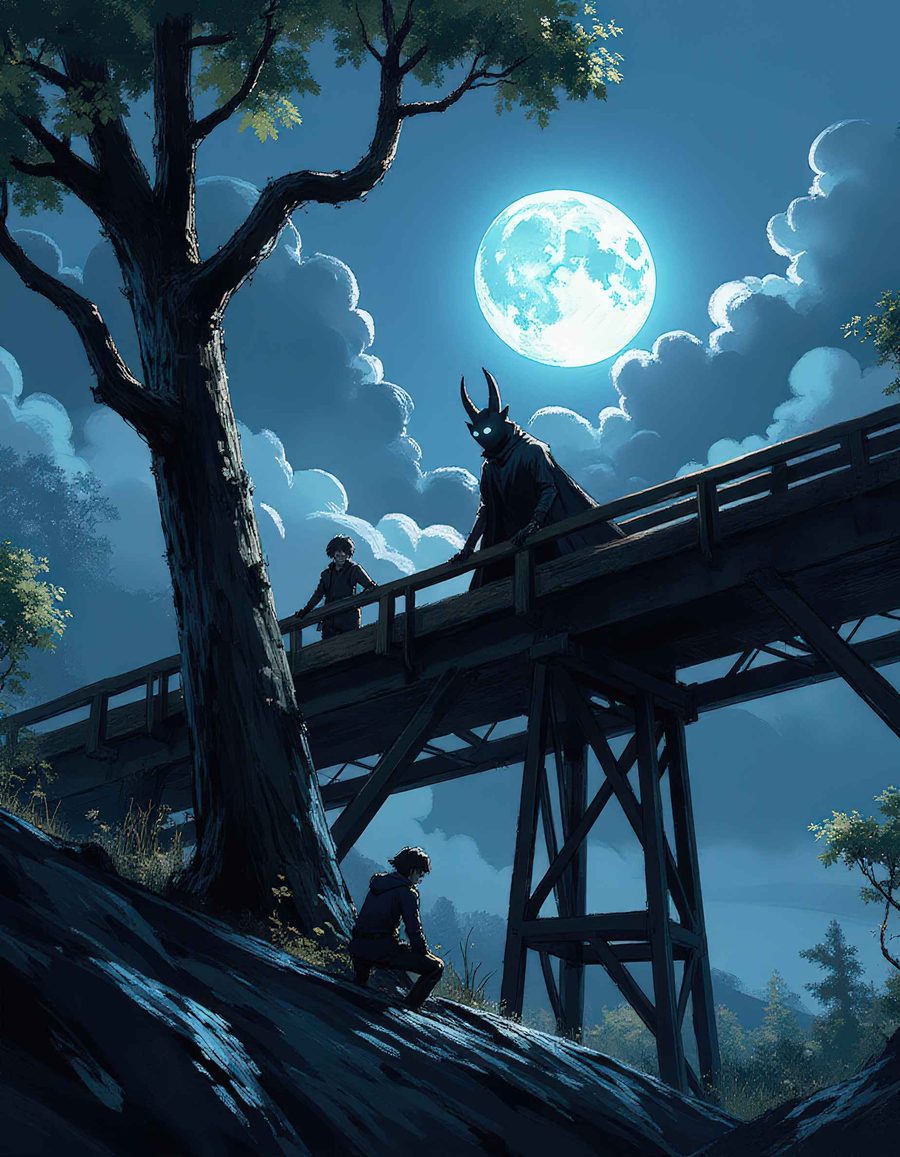 A horned shadow creature leans over a moonlit trestle bridge above two kids