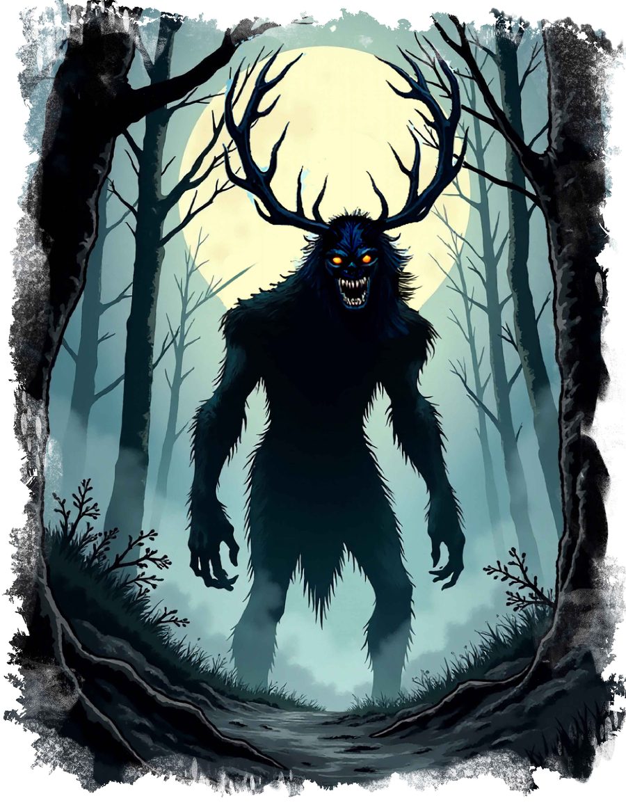An antlered creature with glowing eyes stands in fog before a huge moon