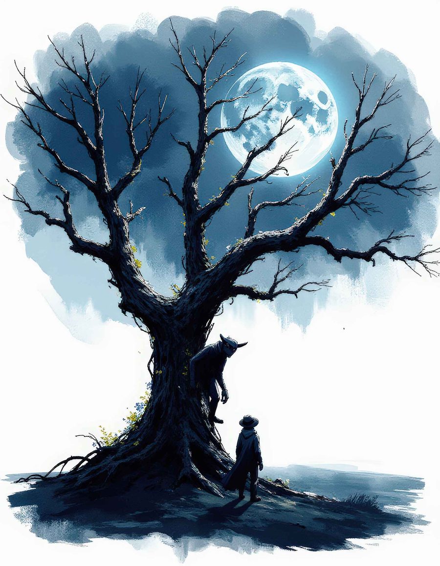 A horned figure climbs down a bare tree beneath a blue moon