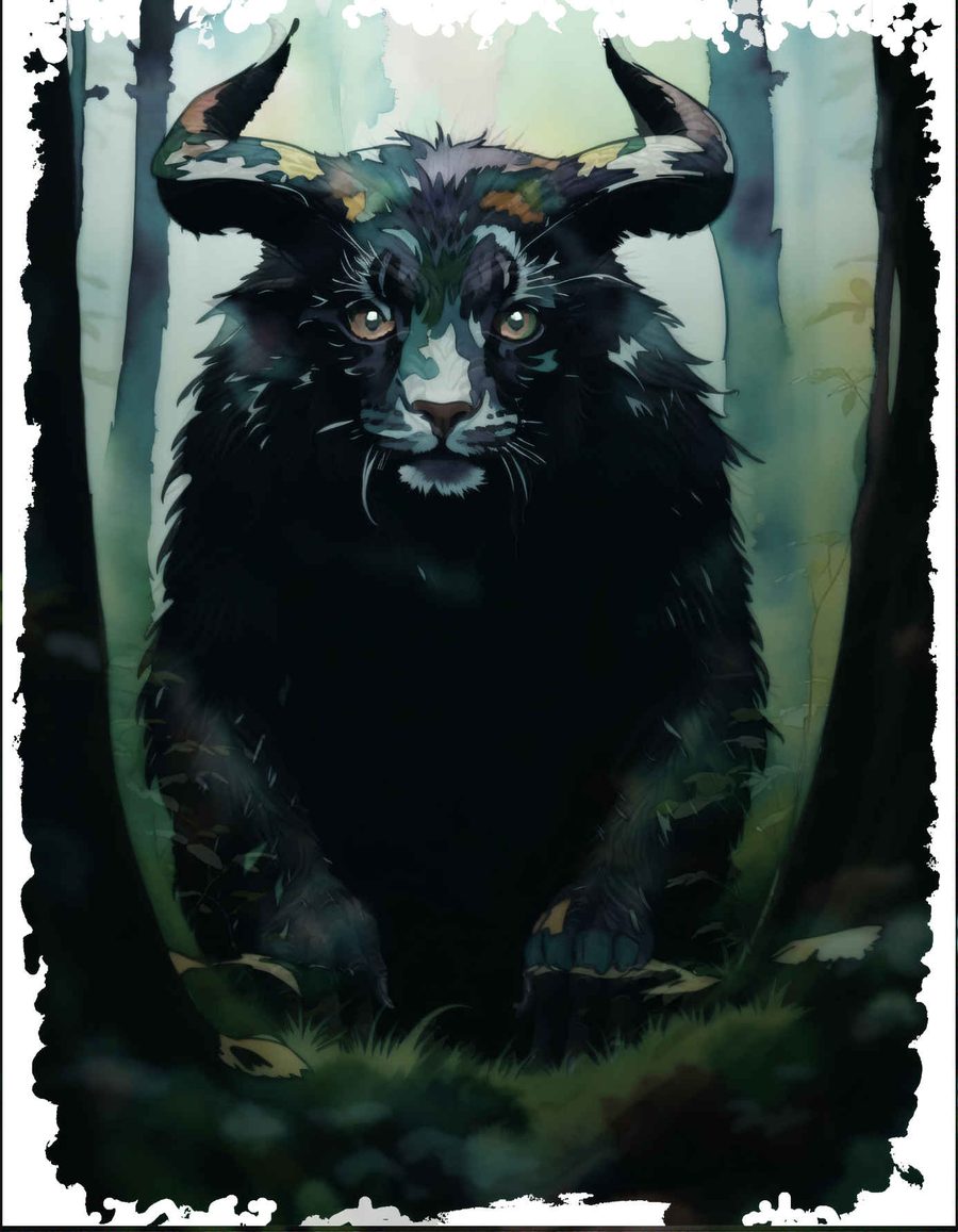 A black horned beast sits watching from a watercolor forest