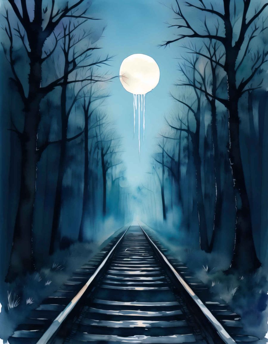 Railroad tracks running through a blue forest toward a dripping moon