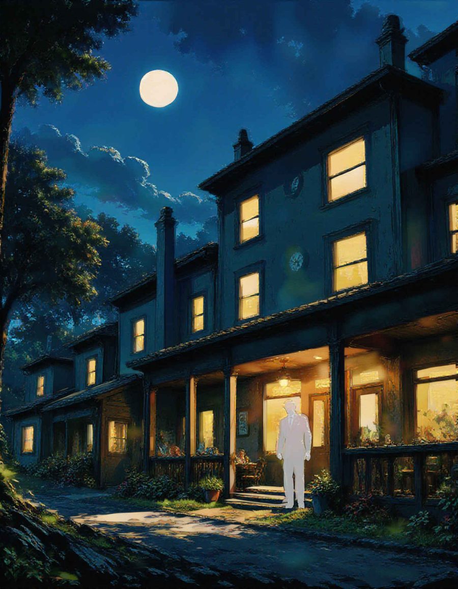 A ghostly man in a suit stands outside a glowing inn at night